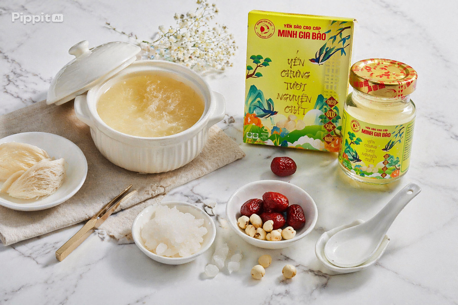 Trọn bộ dụng cụ và nguyên liệu chuẩn bị chưng yến tại nhà cùng hộp yến sào Minh Gia Bảo